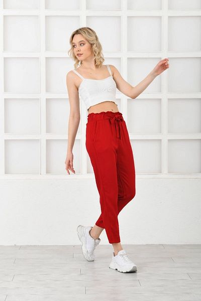 diaves Women's Summer Belmando Fabric Red Linen Trousers with Elastic Waist and Belt Detail