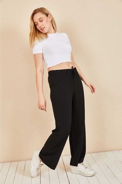 KUAYSTORE بنطال نسائي واسع الساق بخصر مطاطي