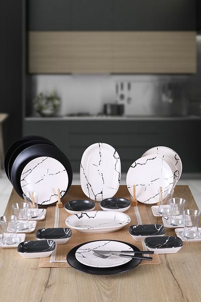 Keramika White Marble Decorated 32 Piece Breakfast Set for 6 People