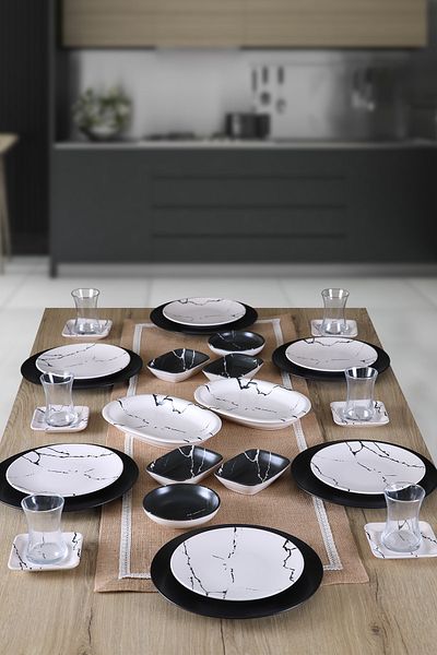 Keramika White Marble Decorated 32 Piece Breakfast Set for 6 People