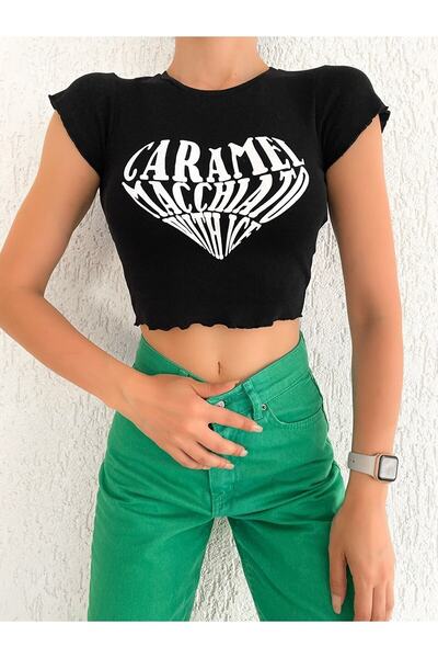 khar Къса блуза с черен карамелен принт