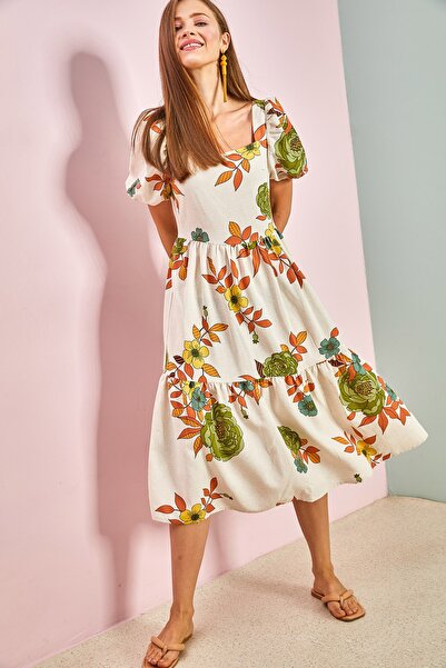 Bianco Lucci Dámské plátěné šaty s čtvercovým límcem s melounovým rukávem 5832