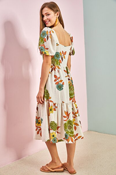 Bianco Lucci Dámské plátěné šaty s čtvercovým límcem s melounovým rukávem 5832