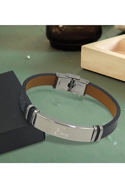 Bk Gift Kişiye Özel Isimli Siyah Desenli Deri Bileklik Model-3