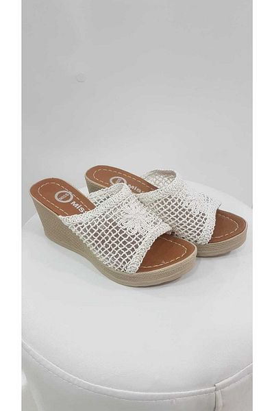 Bercestespor White Ifs 303 Knitted Embroidered Narrow Fit Wedge Heel Heel Height 7 Cm Women's Slippers