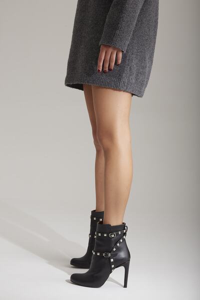 AYAKKABI PRENSİ Chariot Trok Detailed Black Matte 10 cm Women's Boots & Bootie, High Heels