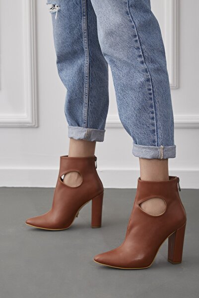 AYAKKABI PRENSİ Destini Thick Heel Tan Matte 10 cm Women's Boots & Bootie, High Heels