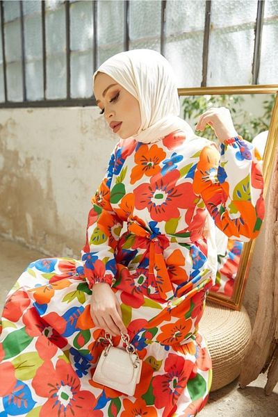 benguen 429 Floral Patterned Hijab Dress Orange