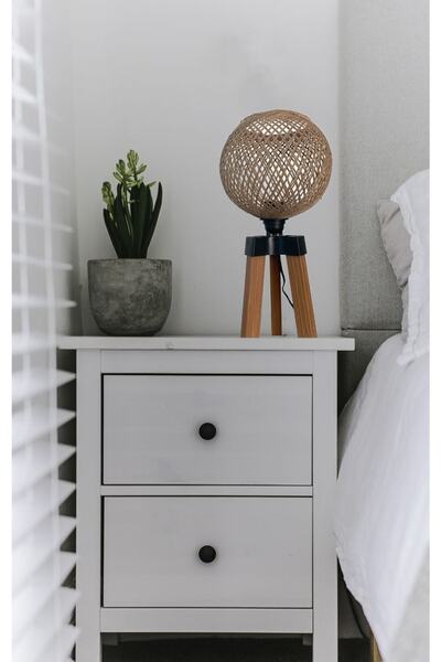 menalART Ağaç Tasarım Mini Lambader Keten Top Ahşap Abajur Ağaç Aydınlatma Komodin Üstü