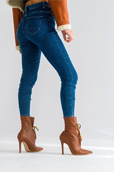 AYAKKABI PRENSİ Elba Lace Detailed Bitter Brown Matte 8 cm Women's Boots & Bootie, High Heels