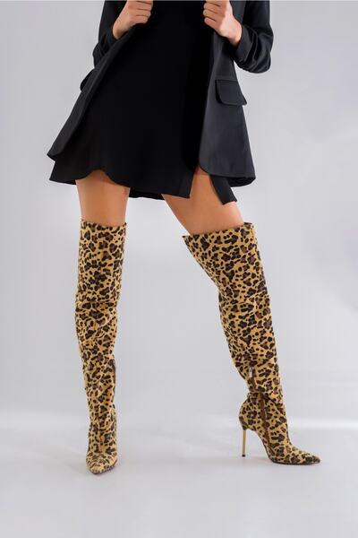AYAKKABI PRENSİ Фарба На коліні Леопард 10 см Жіночі чоботи, Чоботи на підборах