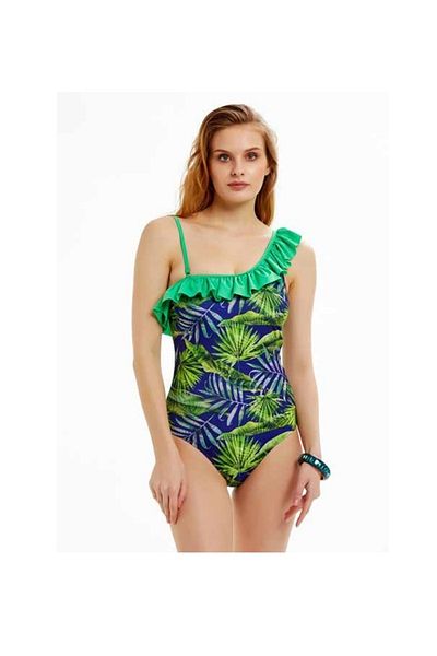 Argento Green Tropical Pattern Frilled One Shoulder Swimsuit