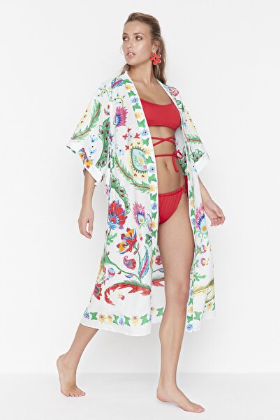 Trendyol Collection Ecru Floral Printed Voile Beach Kimono&Beach Kaftan TBESS21KM0086