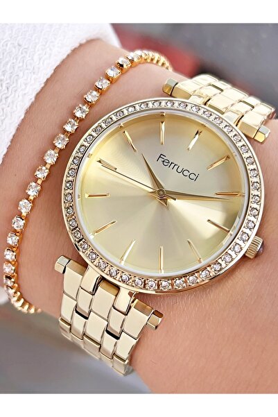 Ferrucci Altın Gold Renk Taşlı Model Kadın Kol Saati + Bileklik Hediyeli