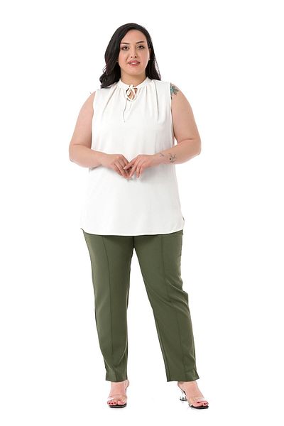 DISENTIS MODEST Women's Khaki Trousers - Large Size, Skinny Leg, Ribbed Stitching, Split Zipper