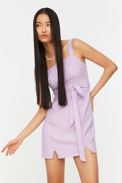 Trendyol Collection Μίνι υφαντό φόρεμα λιλά ζωσμένο με ίσιο κοψίσιμο τετράγωνο λαιμό TWOSS20EL0977