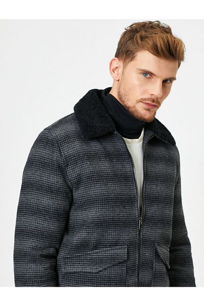 Koton Men's Black Faux Fur Collar Coat