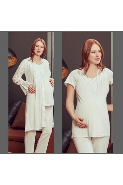 Bone Club 4902 Maternity 3-Piece Lace Sleeve Pajamas Dressing Gown