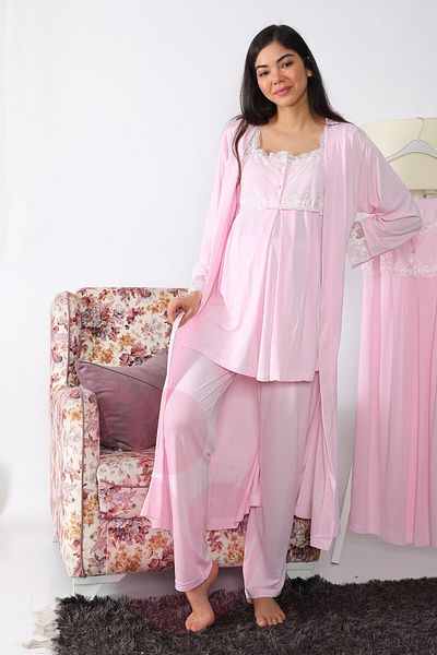 lohusahamile Maternity 2501 Pink Maternity Pajama Set with Long Dressing Gowns