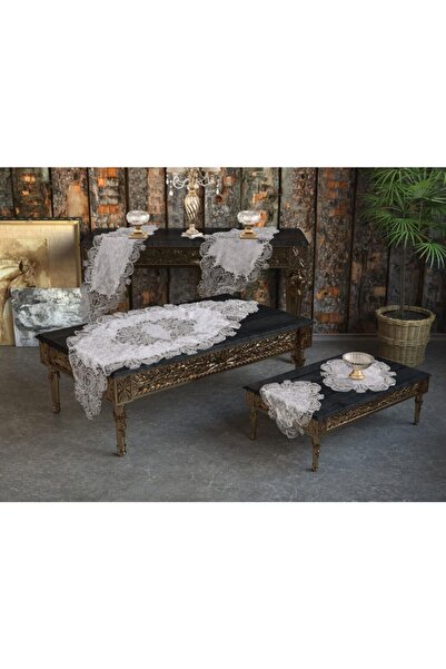LİNEN Fransiz Dantelli 5 Parca Kadife Salon Takımı