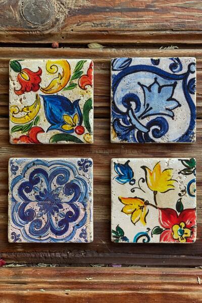 Oscar Stone Decor Baskılı Doğaltaş Bardak Altlığı 4'lü Set Desen Tile