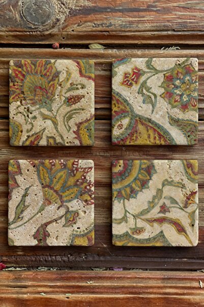 Oscar Stone Decor Baskılı Doğaltaş Bardak Altlığı 4'lü Set Desen Tile