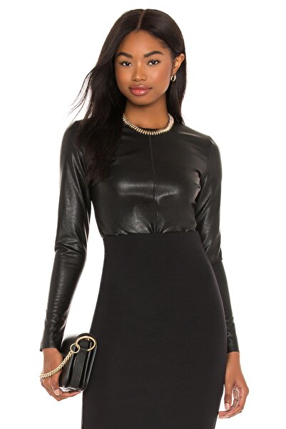 By Kul Design Γυναικείο μαύρο δερμάτινο κορμάκι με λαιμόκοψη