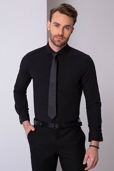 Pierre Cardin Ανδρικό μακρυμάνικο πουκάμισο Basic Μαύρο Slim Fit
