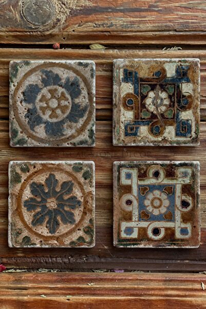 Oscar Stone Decor Baskılı Doğaltaş Bardak Altlığı 4'lü Set Desen Tile