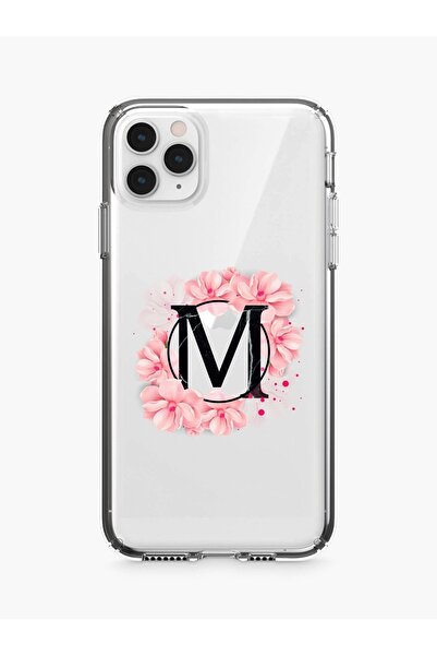 mooodcase Iphone 11 Pro Max Pembe Çiçek Desen M Harfli Şeffaf Kılıf