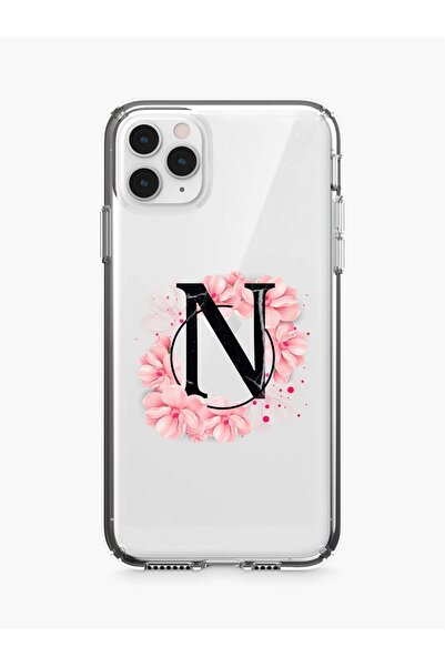 mooodcase Iphone 11 Pro Max Pembe Çiçek Desen N Harfli Şeffaf Kılıf