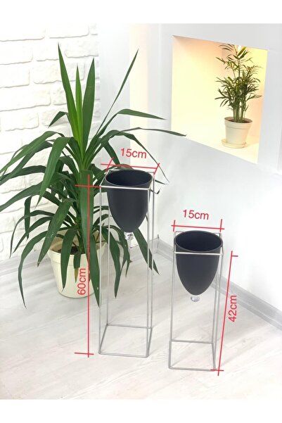 Tasarım Evi Gümüş Renk 2'li Metal Ayaklı Saksı Çiçeklik