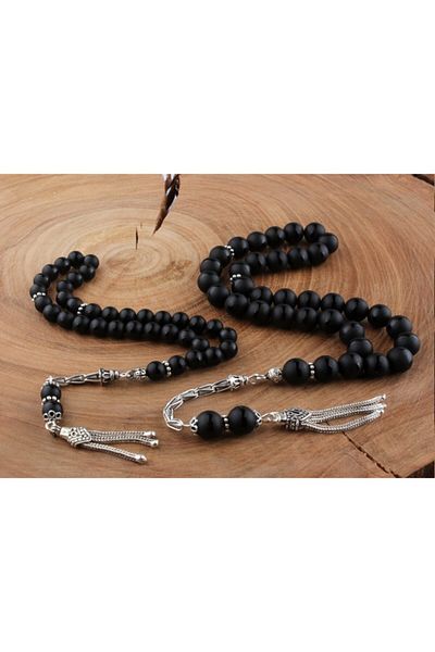 Tesbihsepetim Silver Tasseled Onyx Prayer Beads - My Father and Son Combination