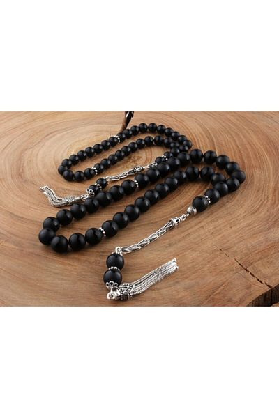 Tesbihsepetim Silver Tasseled Onyx Prayer Beads - My Father and Son Combination