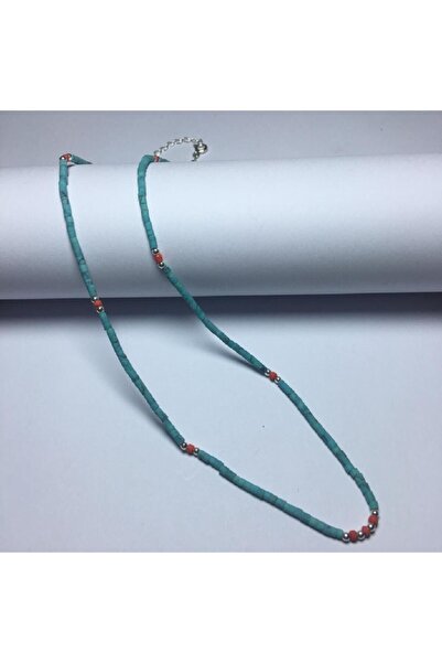 ALTURKUAZ 3gr 42/45cm Arası 2mm Turkuaz Ve Mercan Taşlı 925ayar Gümüş Kolye