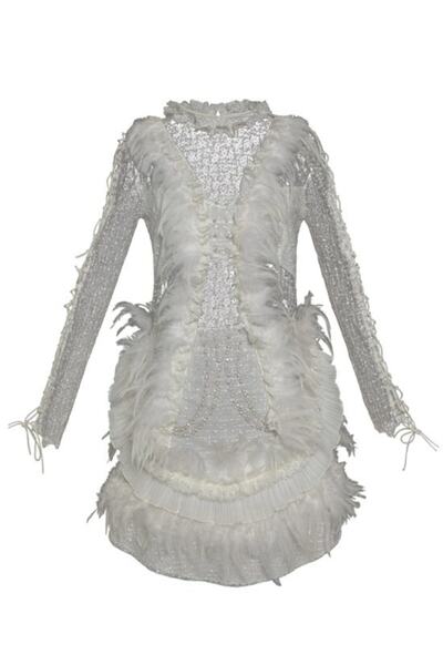 ZALA ALPASLAN Beyaz Işlemeli Tüylü Mini Abiye Elbise