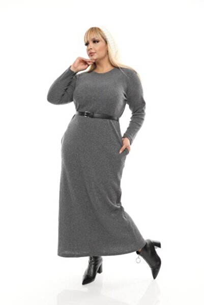 Şirin Butik Γυναικείο Μακρύ Φόρεμα Μεγάλου Μεγέθους Γκρι Σπασμένο Καμισόλα