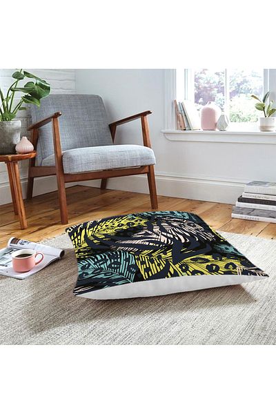 Realhomes Pernă de podea cu design special, cu motiv de frunze colorate pe fundal negru
