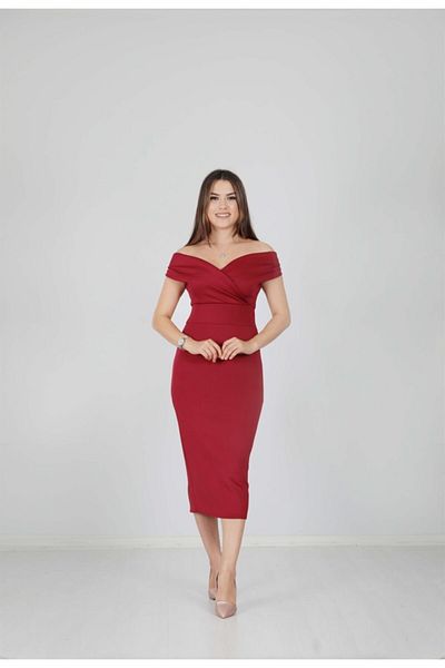 giyimmasalı Boat Neck Pencil Dress - Claret Red