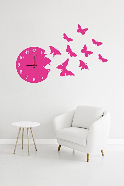Kapbirhediye Pembe Ahşap Kelebekli Duvar Saati