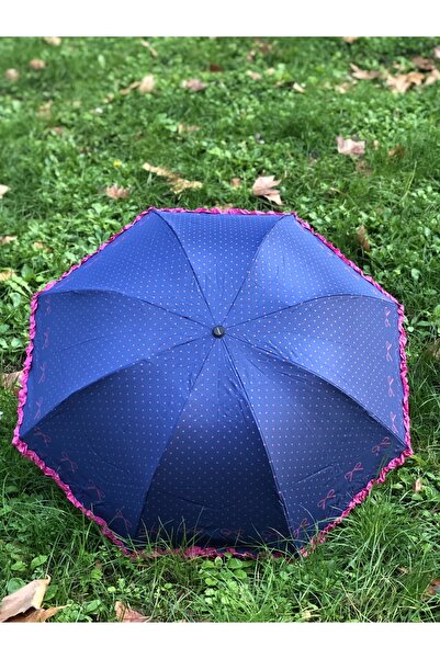 Rainwalker Rüzgarda Kırılmayan Kenarı Pembe Fırfır Ve Fiyonk Detaylı Mavi Kadın Şemsiye
