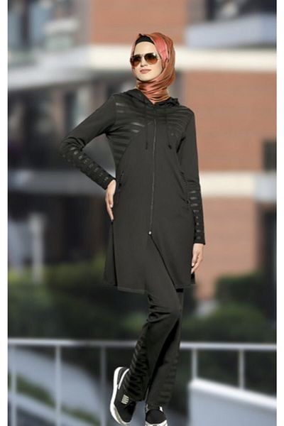 GALLİPOLİ Women's (BLACK) Sports Shiny Stripe Detailed Long Sleeve Zippered Tunic and Bottom Tracksuit Set