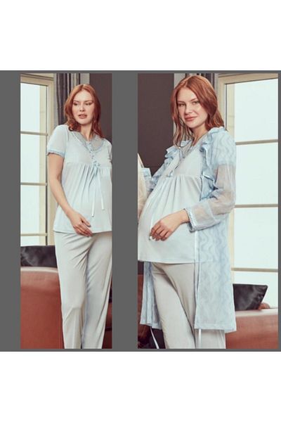 Bone Club 4903 Blue Maternity 3-Piece Chiffon Detailed Pajamas Dressing Gown