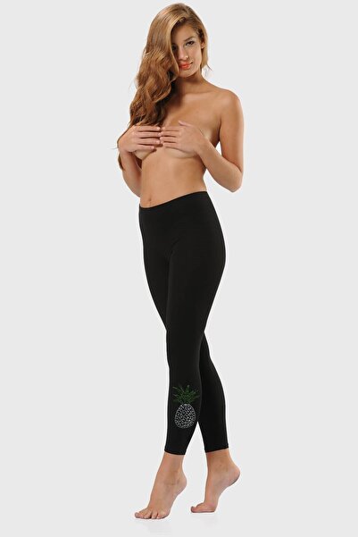 OBJE Kadın Siyah Ananas Taşlı Uzun Tayt