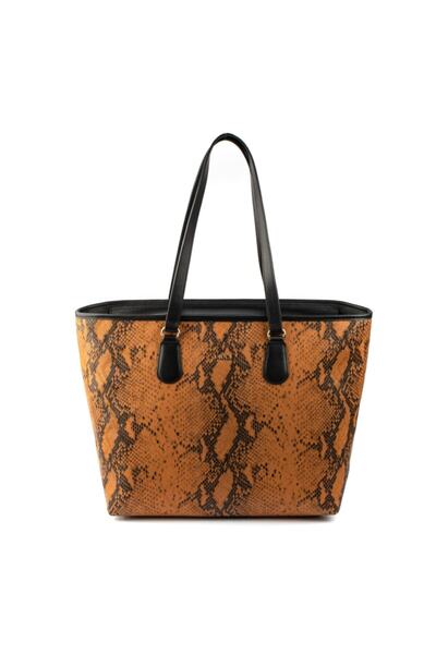 PİRCİ Sandra Yılan Dokulu Kadın Alışveriş Çantası Kahve Siyah