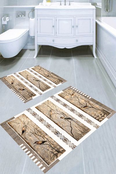 MODANOİVA سجادة حمام مكونة من قطعتين بتصميم طيور على الفرع (50x60 - 60x100)