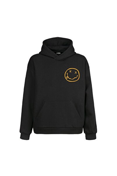 Orijin Tekstil Унісекс Чорний Nirvana Smile Унісекс Світшот з принтом спереду і ззаду та капюшоном