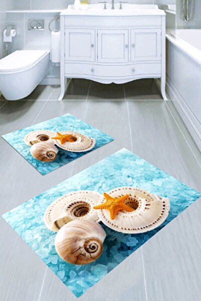 Resmiro Mavi Taşlar Ve Kabuk Desenli 2li Banyo Paspası (50x60 Cm - 60x100 Cm)