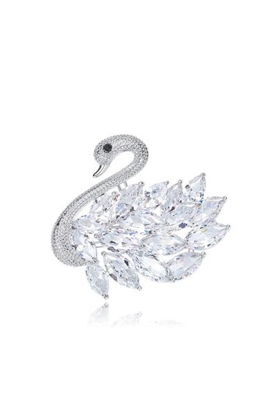 Monemel Taşlı Kuğu Yaka Iğnesi (Altın Kaplama)