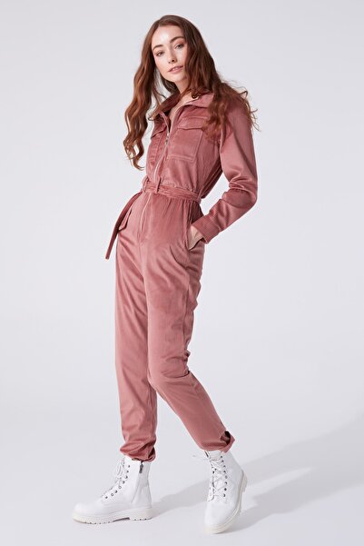 BERFUĞ KIRAN Cep Detaylı Kuşaklı Kadife Tulum